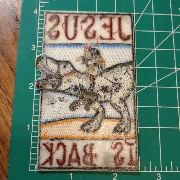 2/$10 Jesus Riding Dinosaur Patch - Picture 2 of 3
